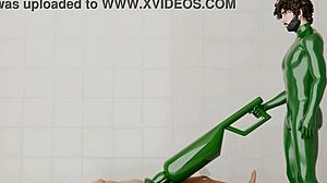 Guy activates a rotating machine on another guy. The device spins steadily in the setup.