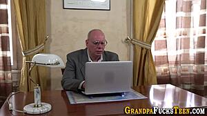 Kinky teen feels intense thrill getting facialized after grandfather's blowjob and handjob in old young taboo