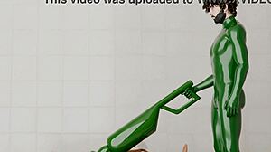 Guy activates a rotating machine on another guy. The device spins steadily in the setup.