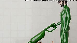 Guy activates a rotating machine on another guy. The device spins steadily in the setup.