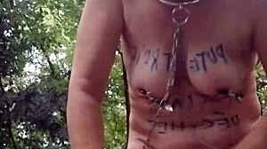 Bold Beauty Slave Bound In Forest Humiliation With Handcuffs And Chained Outdoor Masturbation