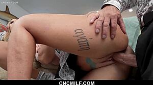 Blonde milf maid rides big cock cowgirl style while serving boss in bdsm 3some with blowjob