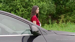 Sexy Chick Waits for Help and Experiences Bright Orgasm in Doggy Style with Blowjob and Cumshot Outdoors