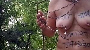 Bold Beauty Slave Bound In Forest Humiliation With Handcuffs And Chained Outdoor Masturbation