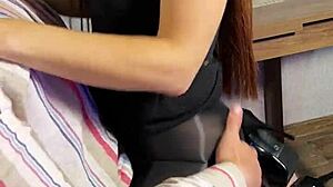 Naughty secretary in shiny pantyhose seduces boss with feet fetish roleplay. She bends over in miniskirt for rough doggystyle sex.