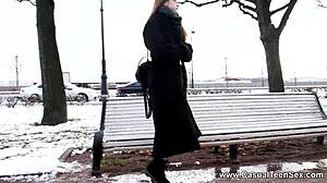 casual teen 18+ alita angel gets warmed up by a stranger with shaved pussy fingering and blowjob leading to outdoor sex and cumshot