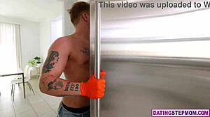 The mature stepmom licked her stepson's cock as a taboo present. She blew him in the bedroom for being man of the house.