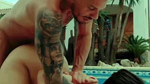 Tru Kait gets horny and wet for outdoor fucking by the pool with blowjob deepthroat and doggystyle rough sex