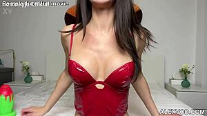 Hotkinkyjo in red latex top fuck anal huge dildo from allnighttoys fisting gape and prolapse