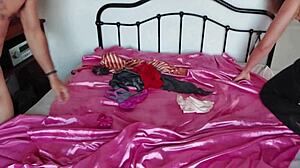 clothed white slut rims black cock in satin dress pov doggystyle