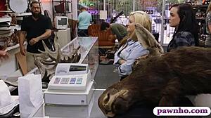 Couple Of Lesbians Get Pounded Hard By Pawn Keeper In Storage Room