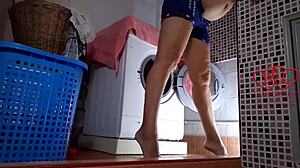 the bitch housewife strips nude in laundry for clothes domination machine fuck!