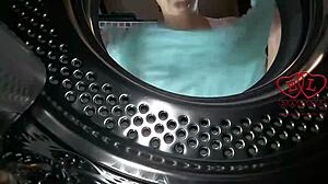 the bitch housewife strips nude in laundry for clothes domination machine fuck!