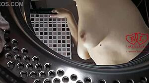 the bitch housewife strips nude in laundry for clothes domination machine fuck!