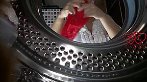 the bitch housewife strips nude in laundry for clothes domination machine fuck!