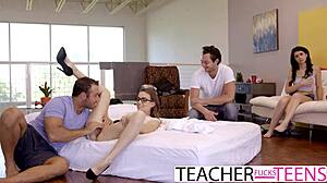 Slutty 18+ Teen Caught By Teacher Sucking Two Cocks