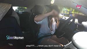 Hot Wife Thay Ksada Flashes Big Tits in Car for Stranger Groping with Subtitles.