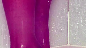 Wet nylon feet tease seductively in steamy shower play