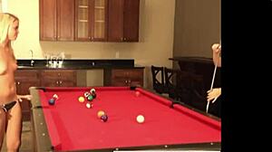 Cute lesbian babe shows off natural tits playing billiards 😘🍒🔥
