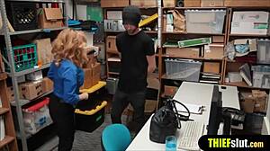 the female officer corners the thief and bends him over for rough doggystyle pounding before screaming orgasms at work