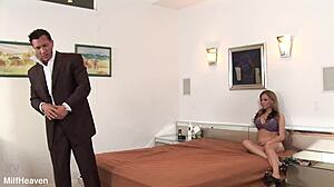 blonde milf in fishnets heels blows deep and fucks on bed