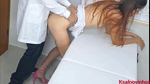 Married wife trembles showing plump ass to stern gynecologist in clinic