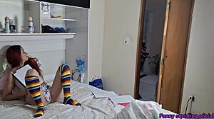 Skinny stepdad licks stockings-clad stepdaughter's tight bedroom pussy