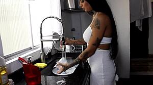 cousin rams cock in tattooed latina see-through lingerie while aunt's away