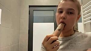 Teen gives sloppy public blowjob drowning in saliva