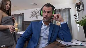 aubree rides brock's cock cowgirl then doggy creampie squirt