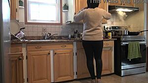 Stepmom cooks while stepson pounds her old pussy rough in kitchen