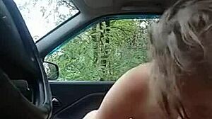 Russian blonde milf gives public car blowjob then ass sex outdoors