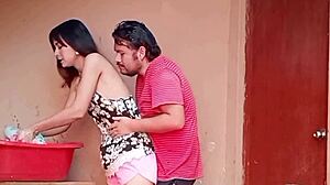 wet neighbor pussy slurps cock in community laundry. ends with massive facial cumshot