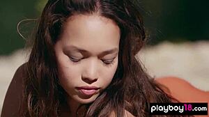 Adorable Asian Kit Rysha Strips Naked Outdoors Teasing Skinny Tits Pussy