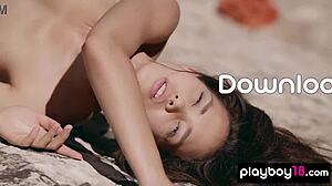 Adorable Asian Kit Rysha Strips Naked Outdoors Teasing Skinny Tits Pussy