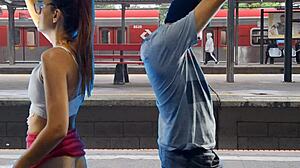 public train terminal couple fucks pussy outdoor flashing sexy!