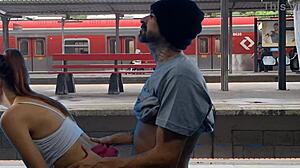 public train terminal couple fucks pussy outdoor flashing sexy!