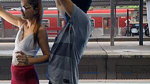 public train terminal couple fucks pussy outdoor flashing sexy!
