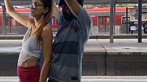 public train terminal couple fucks pussy outdoor flashing sexy!