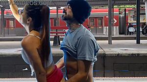 public train terminal couple fucks pussy outdoor flashing sexy!