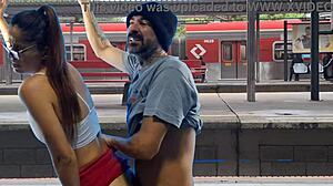 public train terminal couple fucks pussy outdoor flashing sexy!