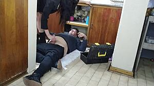 Pretty tattoo boss ladies bent over doggystyle for young handjobs