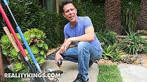 hey landscaper use your cock on my huge natural tits shaved pussy poolside now