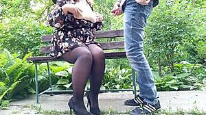 Stepmom's Big Natural Tits Help Chubby Cougar Flash Outdoors