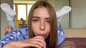 Pretty California student bitch sucks cock, fucks doggystyle, takes cum on ass