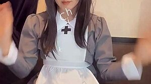 Black-Haired Nurse Ladyboy Quietly Masturbates in Private Shoot