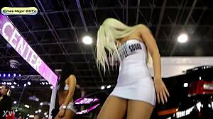 russian blonde upskirt flashes her panties quick