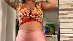 Wife flashes big pussy lips for husband nearby