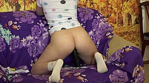 Brunette Socks Slut SUCKS Rubber Cock Then DILDO Pounds Juicy Anal!