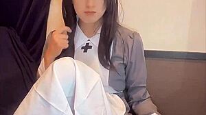 Black-Haired Nurse Ladyboy Quietly Masturbates in Private Shoot